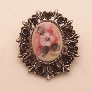Antiqued Silver Tone Painted Porcelain Floral Brooch
